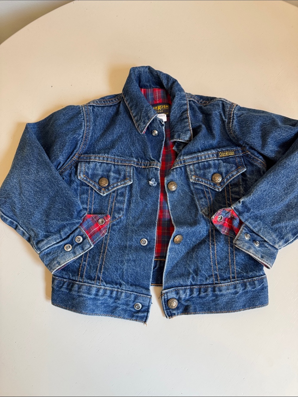 Vintage 80s OshKosh B'gosh Blue Denim Jacket with Red Plaid Accents